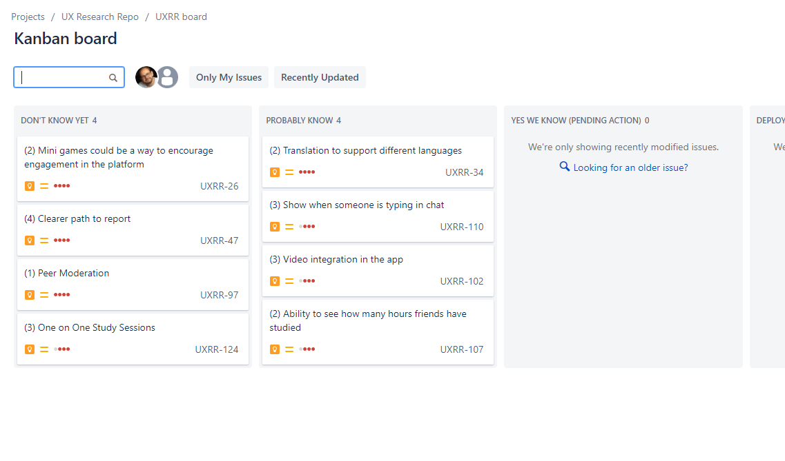 UXRR Kanban board with workflow stages